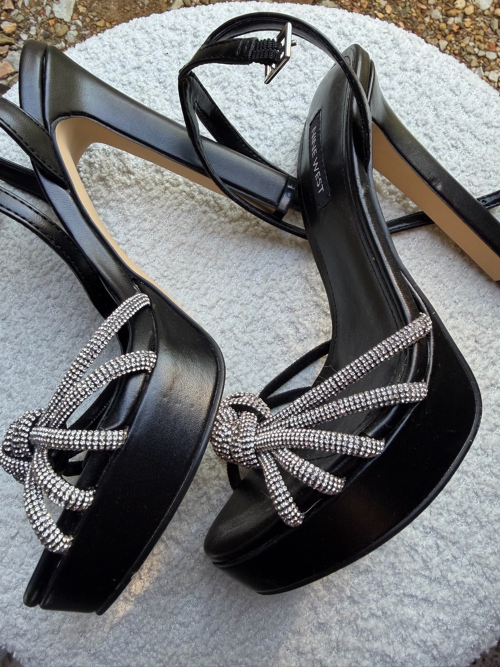 Nine West Black Satin Heels with Silver Rhinestone Knot Detail - Picture 7 of 7